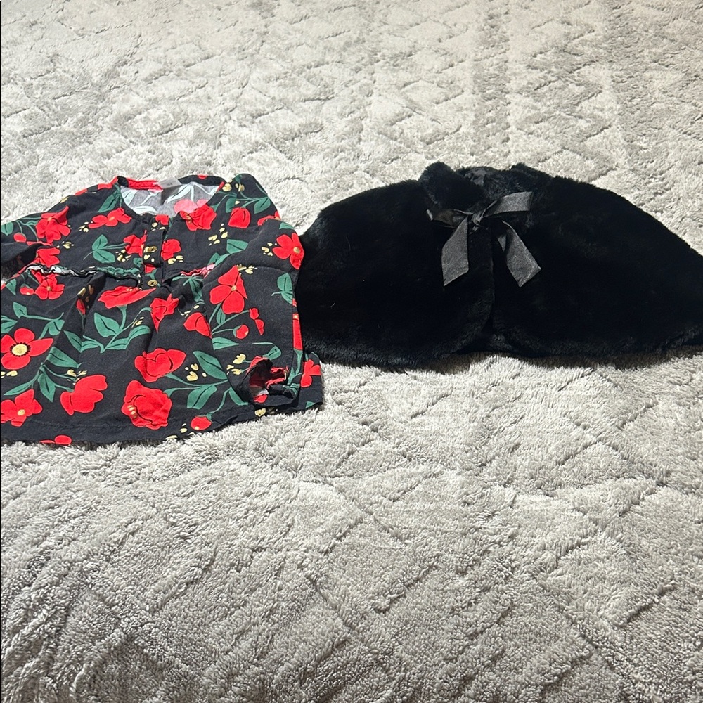 Floral Top and Black Fur Cape Set